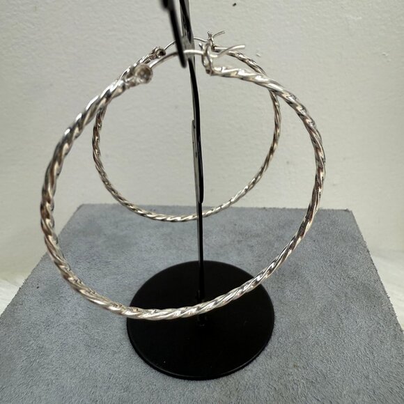 Silver Tone Twisted Hoop Pierced Earrings 2" Drop - Picture 5 of 5